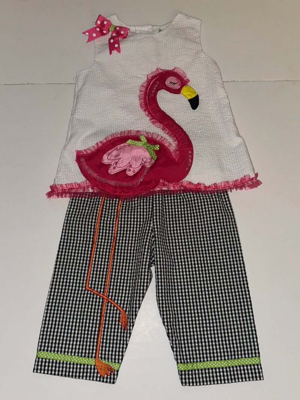 Vintage Rare Editions Girls 4T Pink White Gingham FLAMINGO Top Pants Outfit Set
